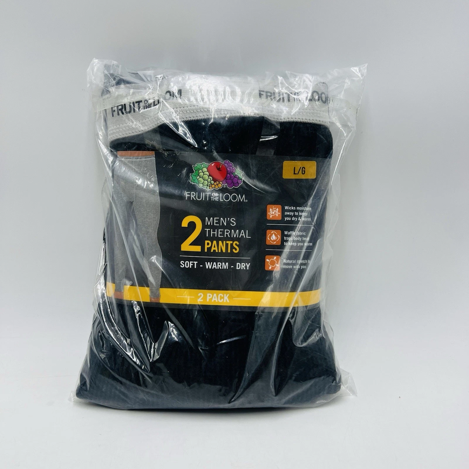 Fruit of The Loom Men's Large Black Thermal Underwear Bottom Pants 2 Pack New