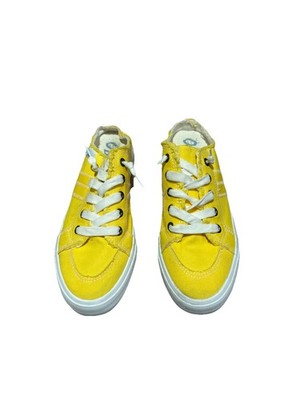 Obtaom Yellow Canvas Sneakers Womens Size 7 Distressed Lace Up Slip On Casual ￼