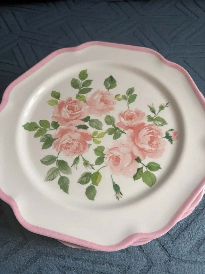 6 Pc Laura Ashley Pink Rose Floral Melamine Salad Plate Set 8 Inches New - Image 2 of 2