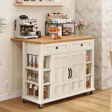 Rolling Kitchen Island with Drop Leaf Power Outlet Open Shelves for Dining Room