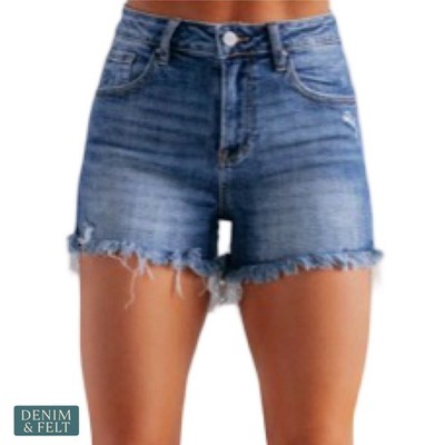 NEW Risen Shiloh Medium Wash High Rise Distressed Raw Hem Stretch Shorts Curvy