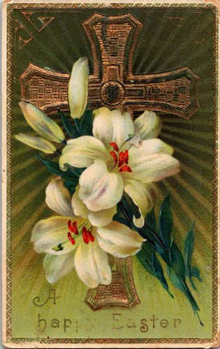 Vintage Easter Postcard Embossed Cross & Lilies Printed in Germany