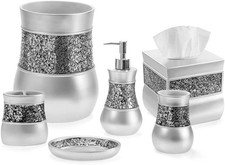 Crackled Glass Silver Bathroom Accessories Set Complete - 6 Piece Bathroom Ac...