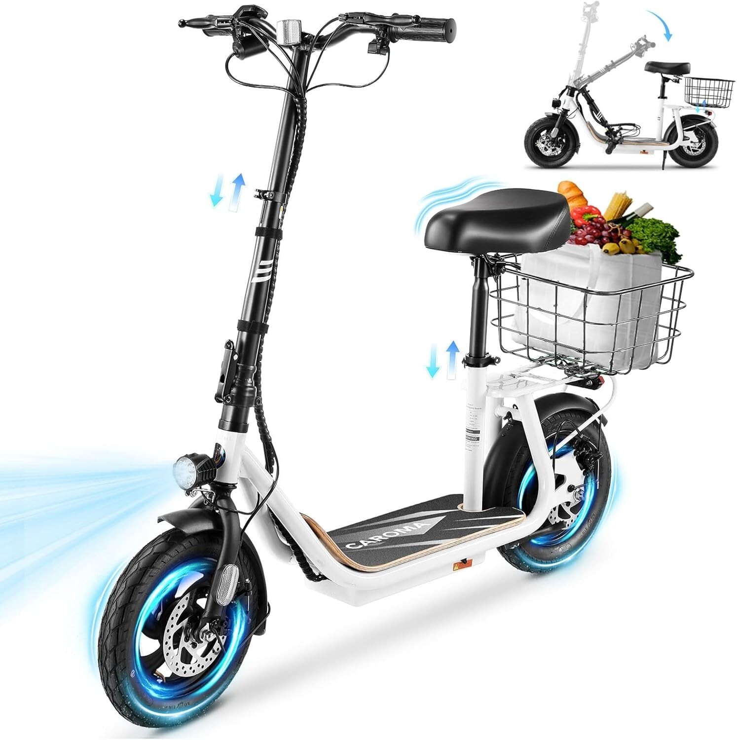 Caroma Peak 1200W Foldable Commuter E-Scooter with Seat 30 Mile Range