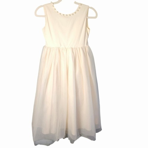 Only Little Once Sz 12 Pearl Neck Beige Tulle Skirted Belt Tie Fairytale Dress