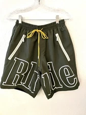 RHUDE Olive Sundry Straight Leg Logo Print Lined Zip Pockets Shorts Size Men’s S