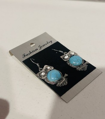Vintage Silver tone-Faux Turquoise Rhinestone Pierced Owl earrings,
