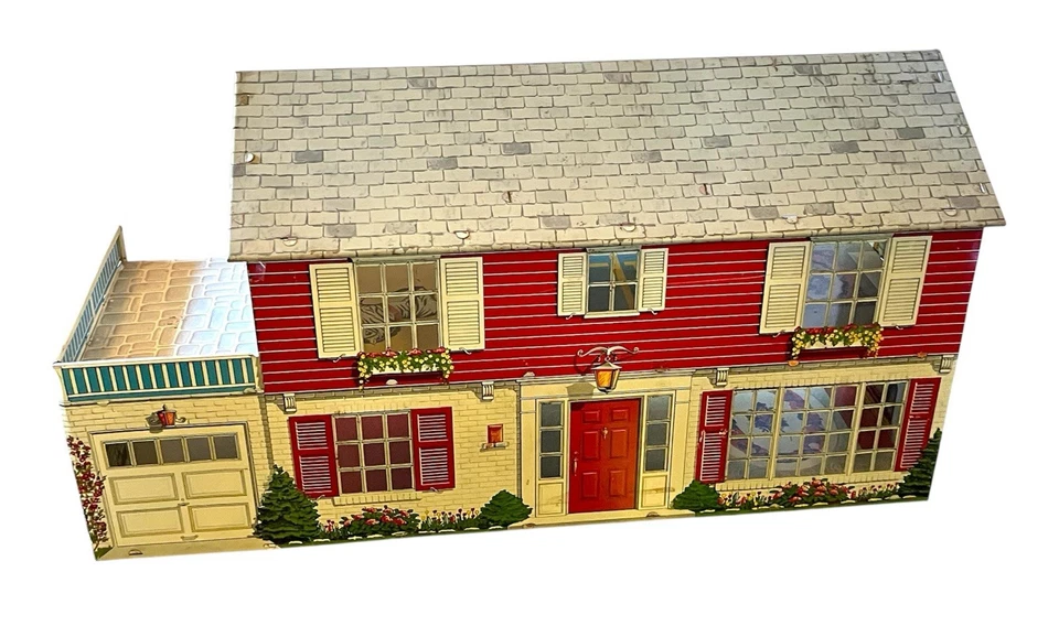 Casa de muñecas vintage años 50 litografía de hojalata mediados de siglo 6 habitaciones garaje terraza 2 pisos en muy buena condición Foto 2 de 4