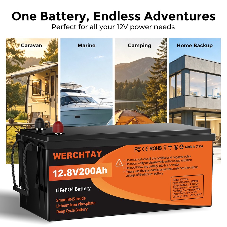 12V 200Ah LiFePO4 Lithium Battery Deep Cycle 2560Wh 200A BMS for RV Off ...