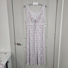 NEW Miss Elaine Long Nightgown Womens 1X Sleeveless Keyhole Pink Leaf White