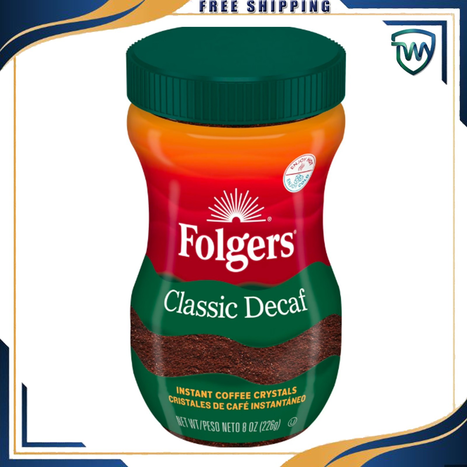 Folgers Classic Decaf Instant Coffee, 8-Ounce Jar NEW - Free