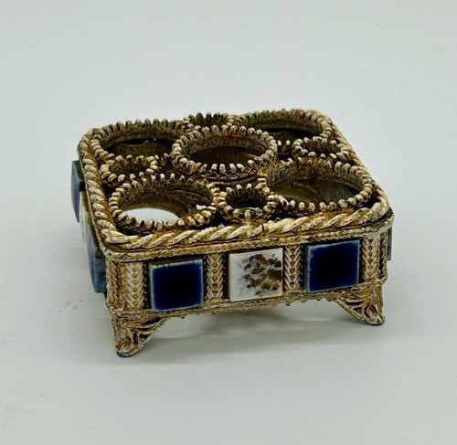 Vintage Florenza Lipstick Holder Vanity Hollywood Regency Metal & Blue Gold Tile