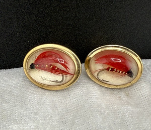 Vintage Fly Fishing Cufflinks Gold Tone Red Fly Signed Anson