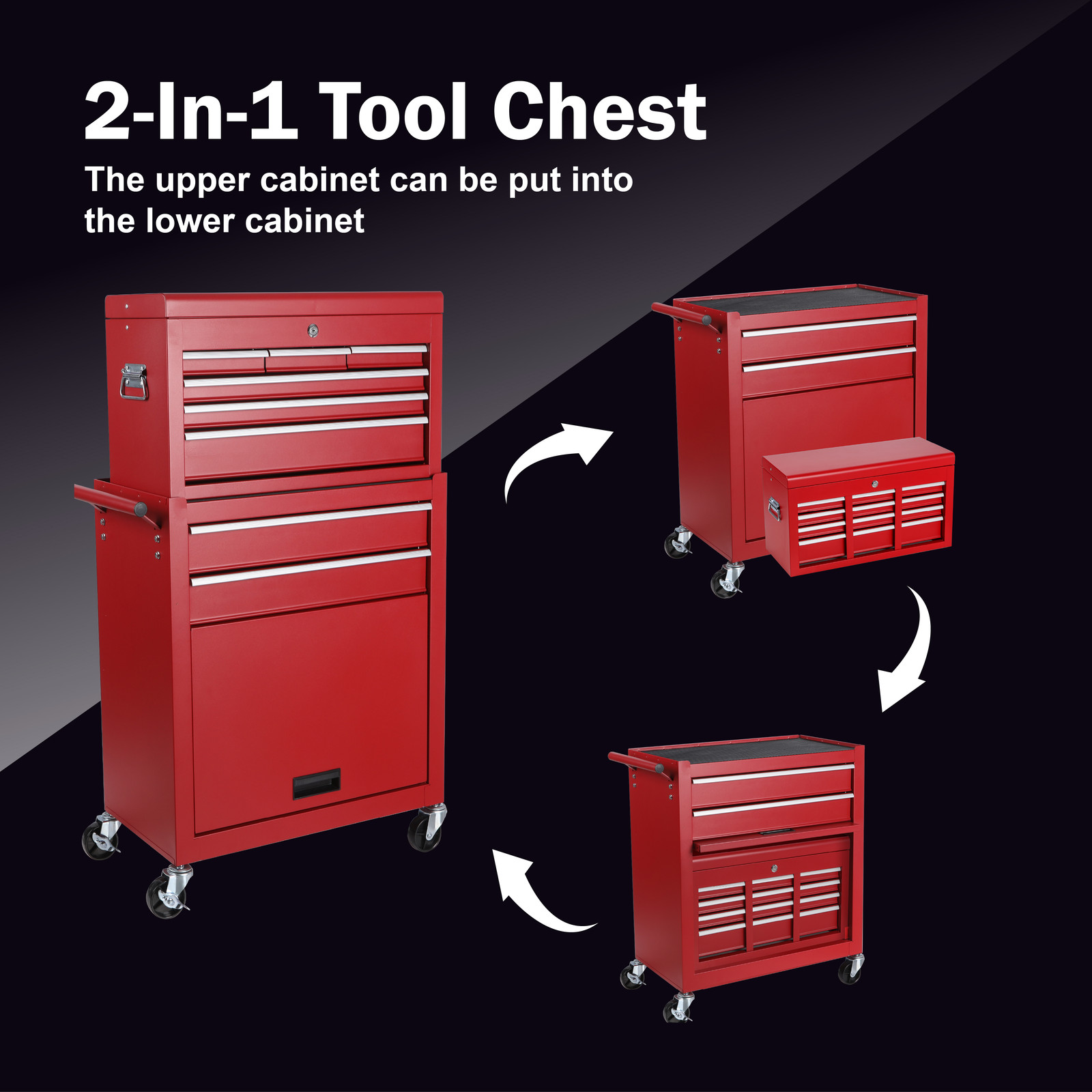 8 Drawer Rolling Tool Chest with Detachable Top Lockable Wheels Metal Tool