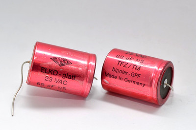 2x Elko-Bipolar-Kondensator von WEGO Typ TFZ/TM, 68 µF / 23 V~, Capacitor, NOS