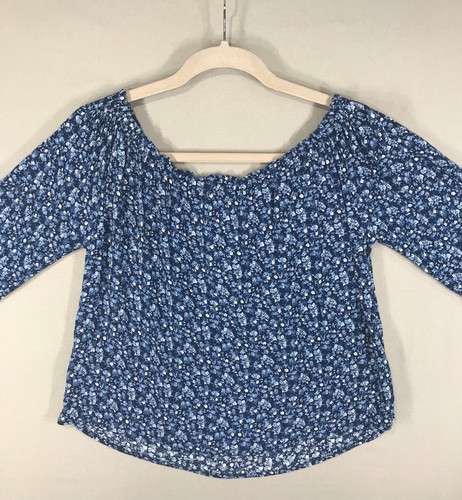 Hollister Top Womens Large Blue Floral Popover Blouse Cropped Scoop Neck Peasant - Picture 8 of 11