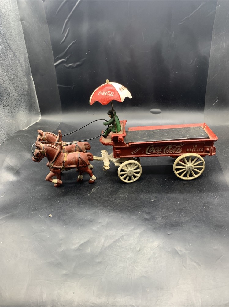 Vintage Cast Iron Coca-Cola Horse Drawn Wagon Carriage With Umbrella No Bottles