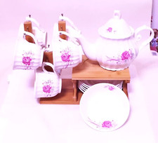 Tea/Coffee  Set, 13 Pieces, with Teapot, Cups, Saucers, and Bamboo Holder Floral