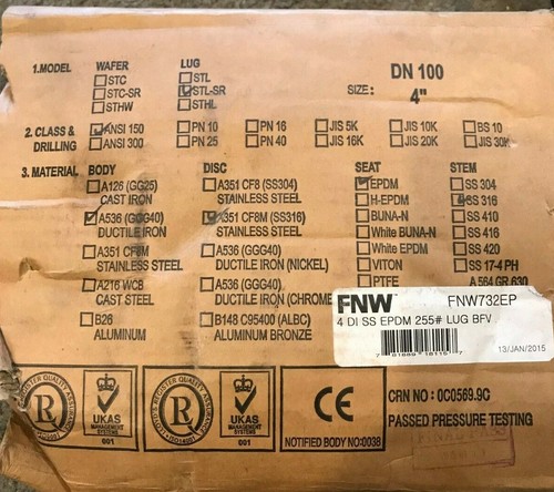 New 4" FNW Butterfly Valve EPDM ANSI 150 Ductile Iron | P/N: FNW732EP - Picture 6 of 6