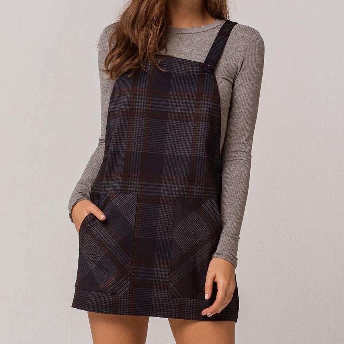 brown plaid overall dress Plaid Vintage Sleeveless Tie Waist A-Line Overall Pinafore Dress, Brown / S