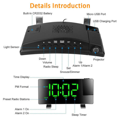 LED FM Radiowecker mit Projektion Digital Funkuhr Dimmbar Tischuhr Alarm USB DE` - Bild 5 von 17