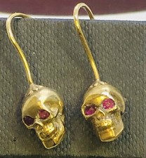 Early Victorian Memento Mori Skull Earrings Ruby Eyes Mourning Jewellery R199