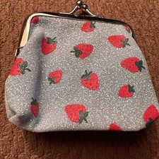 Glitter Turquoise With Red Strawberries And Green Stems XS Coin Change Purse