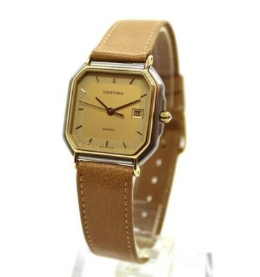 Quartz Watches Certina in Gilded Steel with Leather Strap and Date