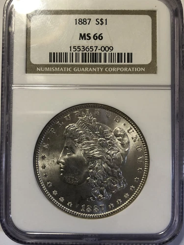 1887-P NGC MS-66 MORGAN SILVER DOLLAR, BEAUTIFUL TONING ON REV. FREE SHIPPING.