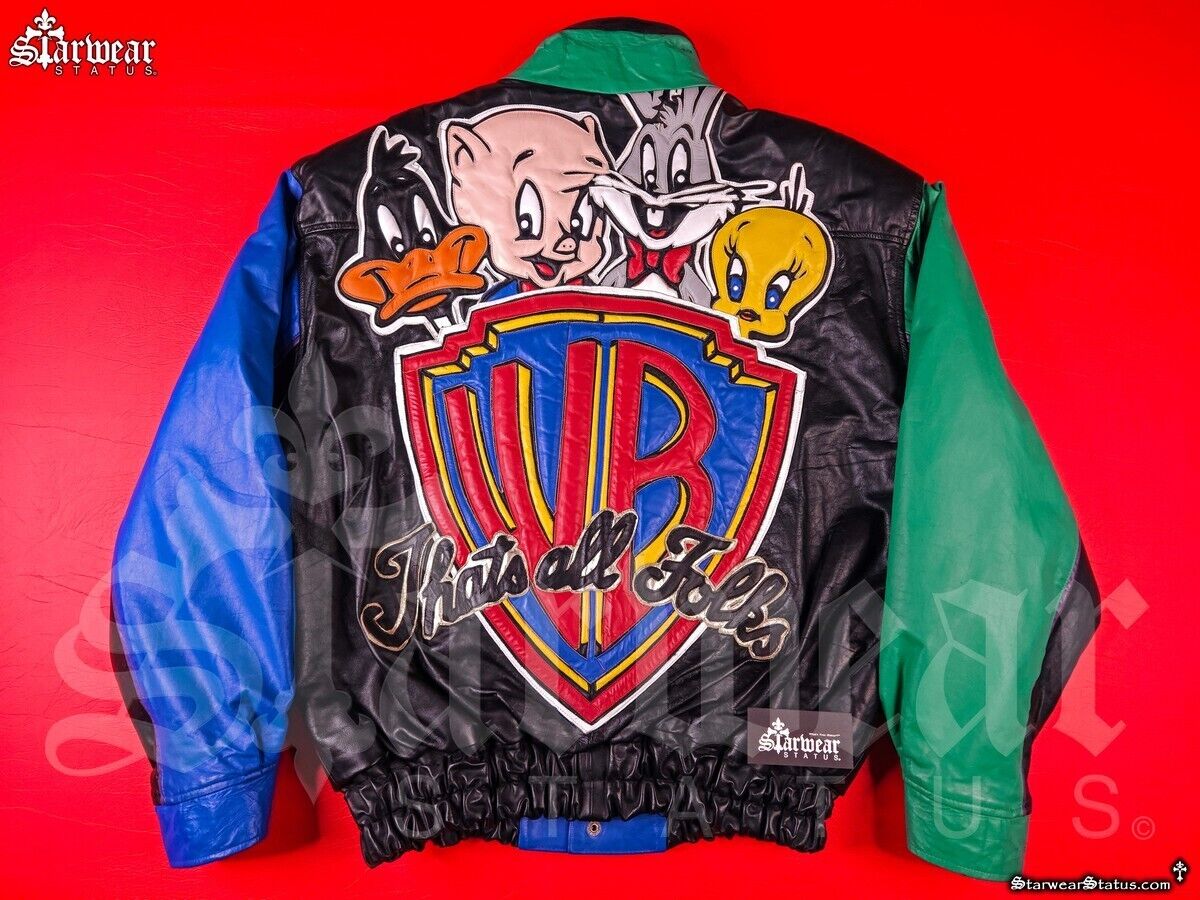 🔥EPIC Vintage 90s LOONEY TUNES Colorful Starter College Leather Racer Jacket L 🔥EPIC Vintage 90s LOONEY TUNES Colorful Starter College Leather Racer Jacket L