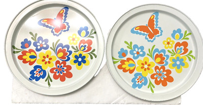 Vintage Tin Serving Tray Butterflies Flowers Spring Round MCM Metal LOT of 2