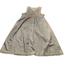 VTG 80s Denim Jean RETRO Loose Midi Button Up Slit Pockets Dress WOMENS LARGE