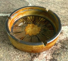 Mid Century Modern Brown Gray Deep Orange Glazed Pottery Ashtray 