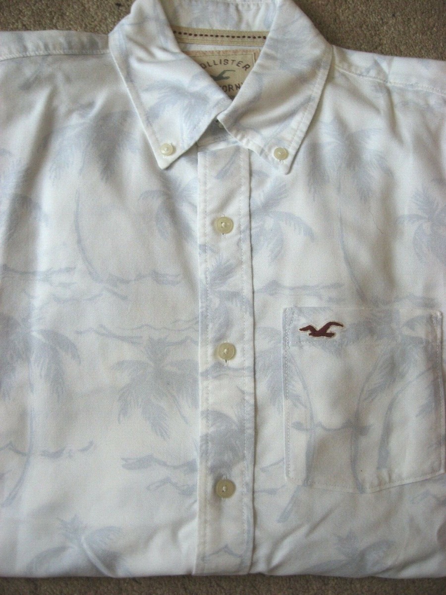 Mens White Tropical Palms HOLLISTER Hawaiian Long Sleeve Shirt