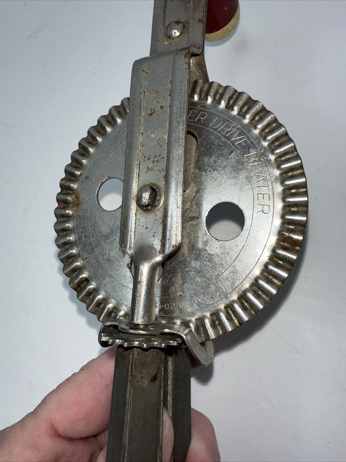 Vintage ANDROCK High Speed Beater Hand Mixer Egg Beater USA Red Wooden Handle