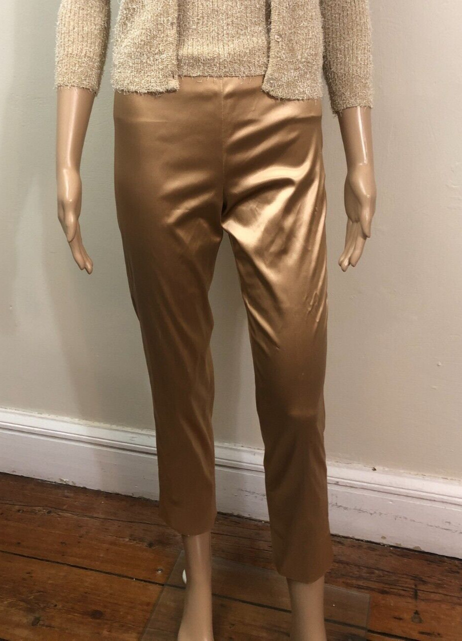 vintage LEGGIADRO Stretch Satin Crop Pants Sz 2 Ankle Slit Made in USA Gold