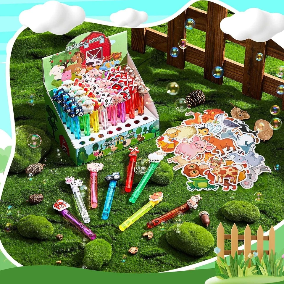 48 Piezas Favores de Fiesta de Animales de Granja | Mini Varitas de Burbujas y Tatuajes para Cumpleaños de Niños Foto 2 de 4
