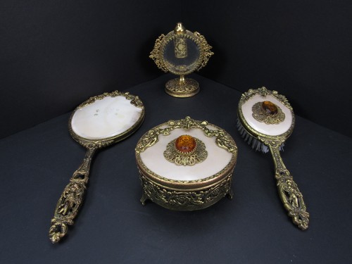 Vintage Matson Hollywood Regency Ormolu Vanity Set Mirror Brush Box Amber Jewel