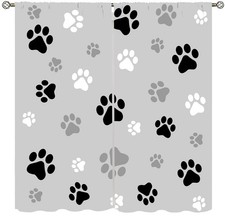 Abstract Black Grey Dog Paw Print Window Curtains, Modern Decor Blackout Curt...