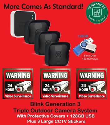 Blink Outdoor HD Wireless 3 Kamera Sicherheitssystem, Abdeckungen, 128GB, CCTV-Aufkleber
