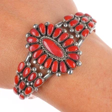 6.1" Vintage Zuni Alice Quam Mediterranean coral cluster cuff bracelet