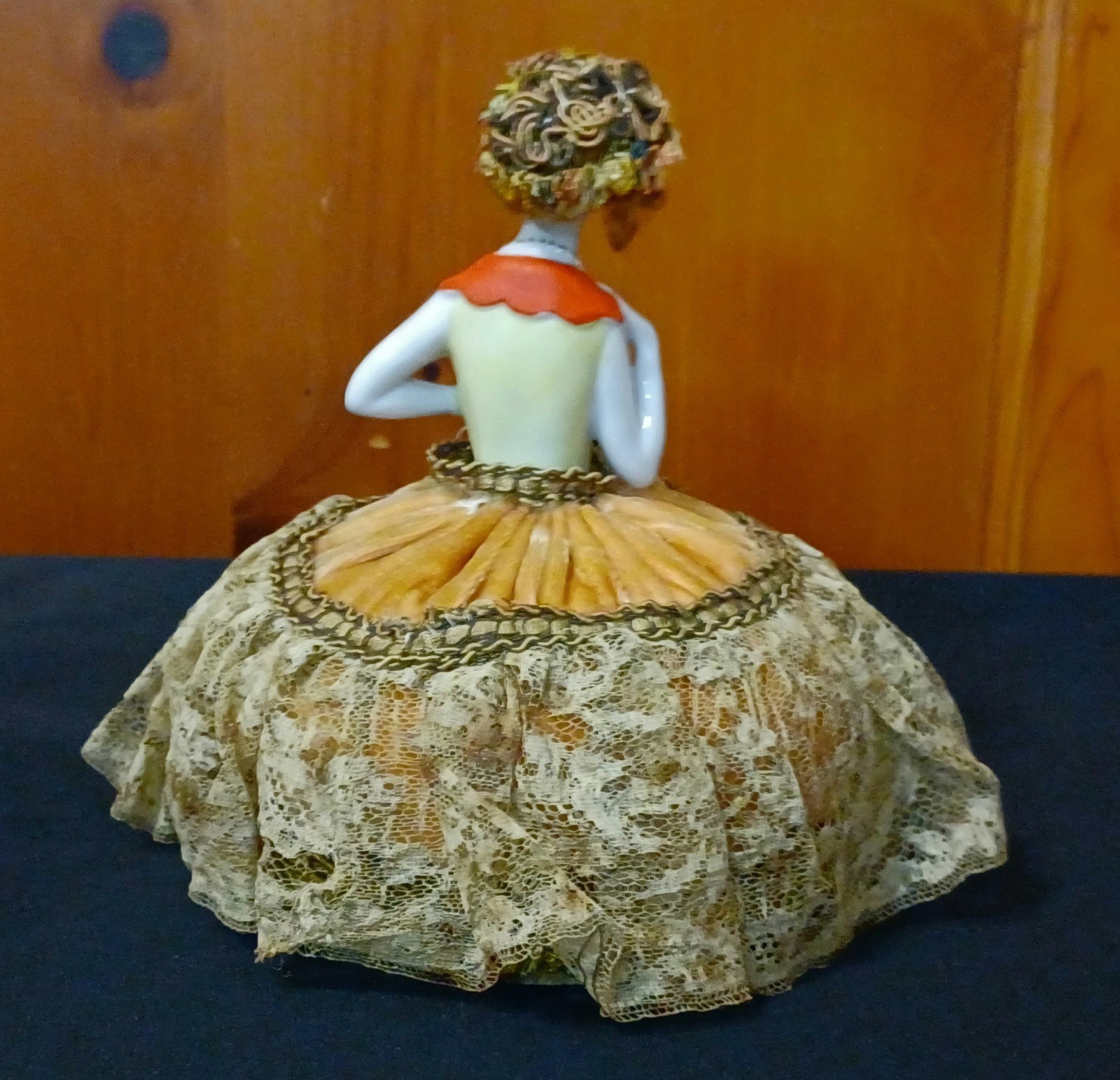 Antique Half Doll Porcelain Pin Cushion Hands/Legs/Hair/Brown Velvet Lace Dress 