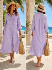 Mango MNG Womens Size 4 100% Linen Shirt Dress Midi/ Maxi Lavender Oversized