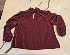 Nine West Blouse 2X Burgundy Maroon Long Sleeve Keyhole Top Sparkle Glitter