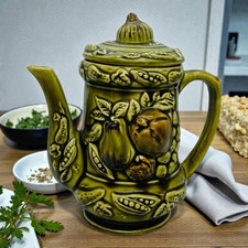 Vintage Tilso Japan Avocado Green Ceramic Teapot Fruit Vegetable Relief MCM 1960