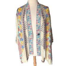 Johnny Was Silk Kimono XL Embroidered Cream Reversible Floral Jacket Boho Snap