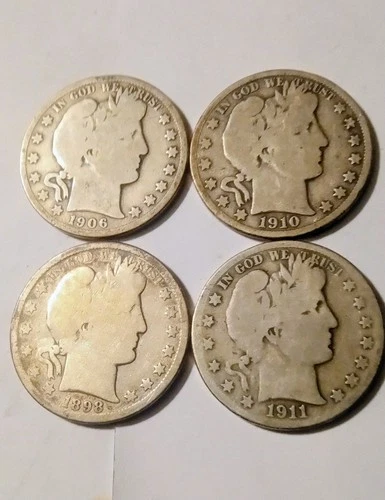 1906-S & 1910-S & 1911-S & 1898-S Barber Silver Half Dollars 90% Silver Lot Of 4