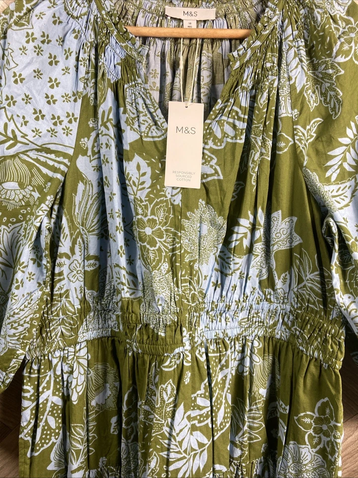 M&S Green/Blue Mix Floral Maxi Boho Dress Half Sleeve Pull On Size 18 New - Image 4 of 4