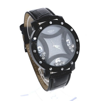 Hip Hop Men's Floating Clear Stones, Black Finish Black Leather Band Watch
