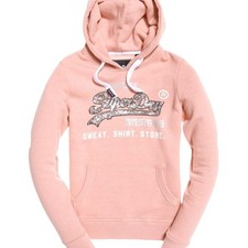 Superdry Womens Pullover Fleece Hoodie Size US 4 Light Pink Big Sequin Logo EUC